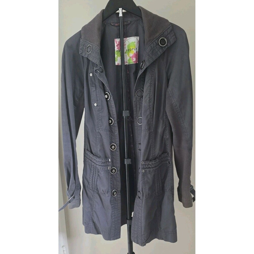 Free People Utility Trench Coat Jacket Women’s Sz 8 Gray Mixed Media Boho Cargo - Picture 7 of 12